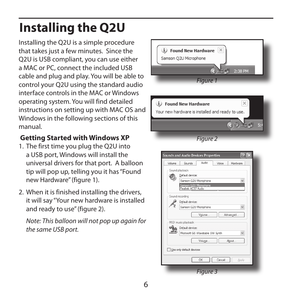 Installing the q2u, Getting started with windows xp | Samson Q2U Recording & Podcasting Pack (Gray) User Manual | Page 8 / 24