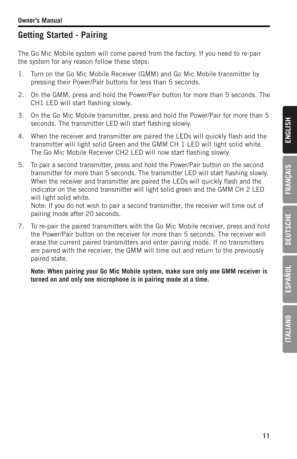 Getting started - pairing | Samson SWGMMR Go Mic Dual-Channel Receiver User Manual | Page 11 / 92