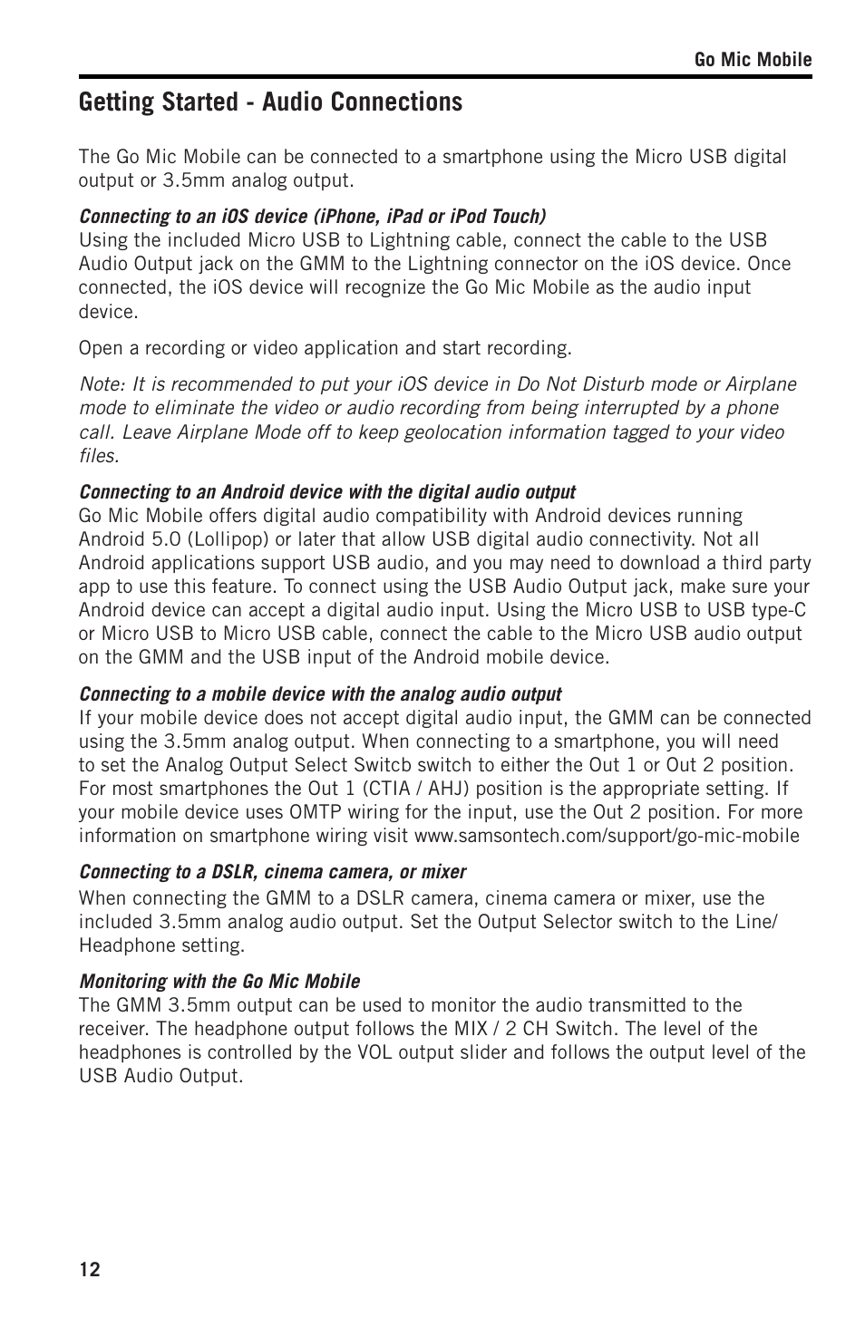 Getting started - audio connections | Samson SWGMMR Go Mic Dual-Channel Receiver User Manual | Page 12 / 92