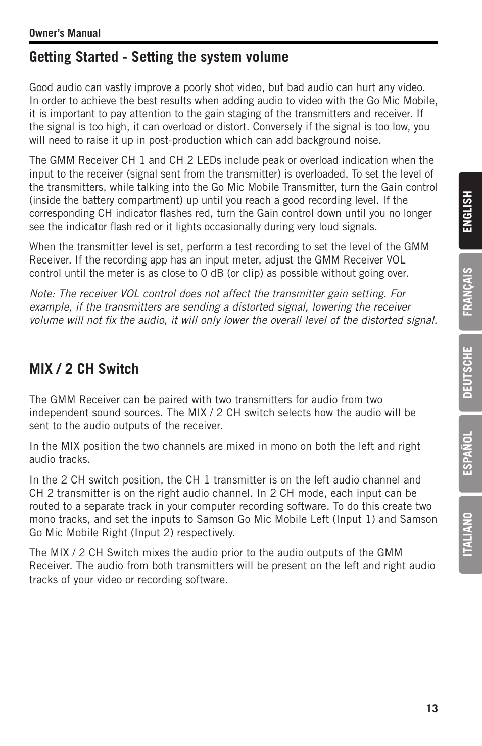 Getting started - setting the system volume, Mix / 2 ch switch | Samson SWGMMR Go Mic Dual-Channel Receiver User Manual | Page 13 / 92