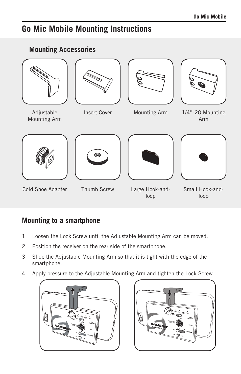 Go mic mobile mounting instructions, Mounting accessories, Mounting to a smartphone | Samson SWGMMR Go Mic Dual-Channel Receiver User Manual | Page 14 / 92