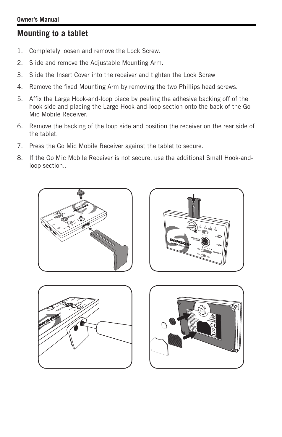 Mounting to a tablet | Samson SWGMMR Go Mic Dual-Channel Receiver User Manual | Page 15 / 92