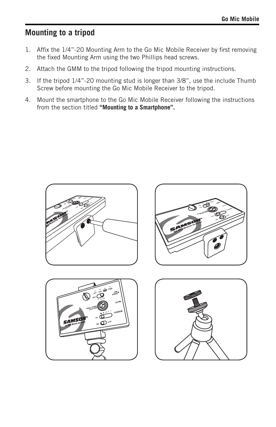 Mounting to a tripod | Samson SWGMMR Go Mic Dual-Channel Receiver User Manual | Page 16 / 92