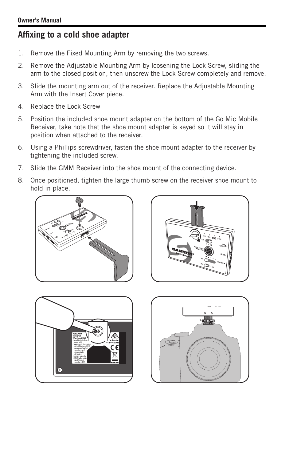 Affixing to a cold shoe adapter | Samson SWGMMR Go Mic Dual-Channel Receiver User Manual | Page 17 / 92