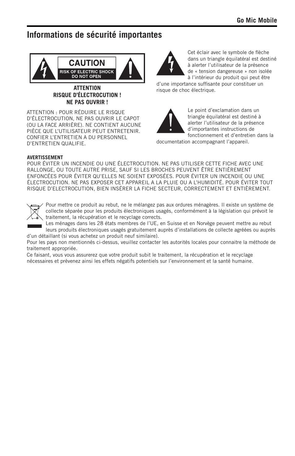 Informations de sécurité importantes | Samson SWGMMR Go Mic Dual-Channel Receiver User Manual | Page 20 / 92