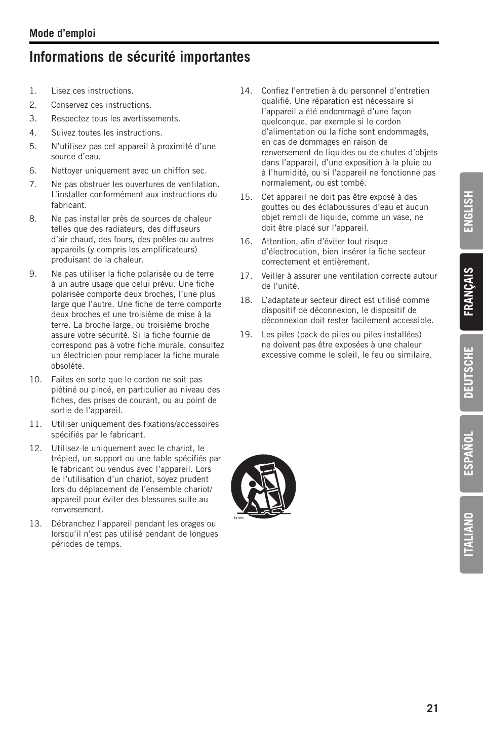 Informations de sécurité importantes, English français deutsche esp añol it aliano, Mode d’emploi 21 | Samson SWGMMR Go Mic Dual-Channel Receiver User Manual | Page 21 / 92