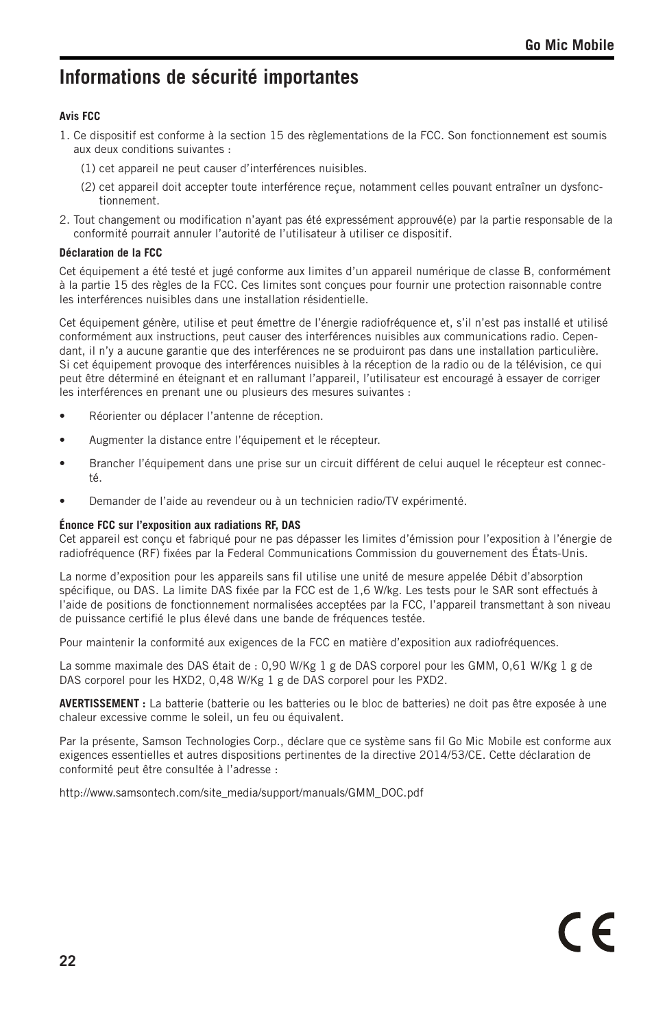 Informations de sécurité importantes, Go mic mobile 22 | Samson SWGMMR Go Mic Dual-Channel Receiver User Manual | Page 22 / 92