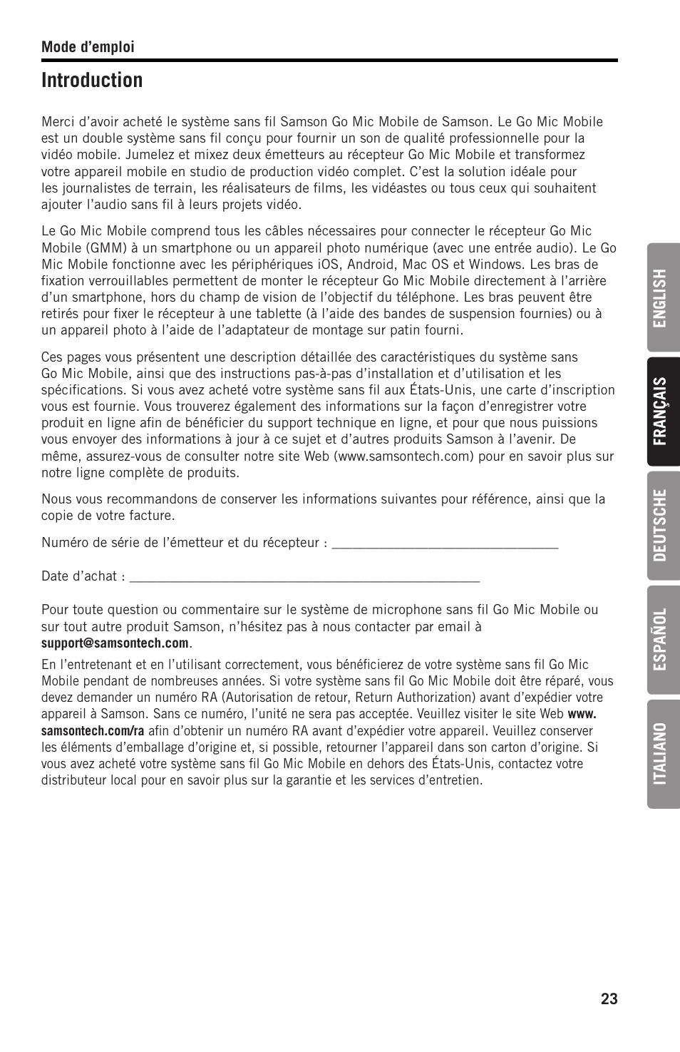 Introduction | Samson SWGMMR Go Mic Dual-Channel Receiver User Manual | Page 23 / 92