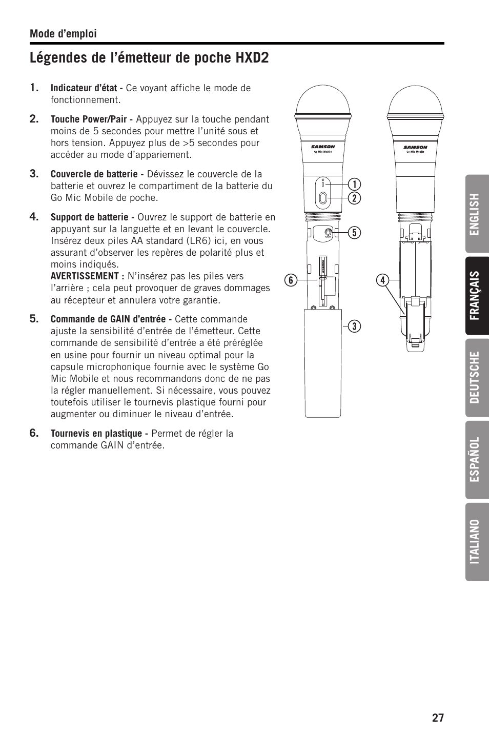 Légendes de l’émetteur de poche hxd2 | Samson SWGMMR Go Mic Dual-Channel Receiver User Manual | Page 27 / 92