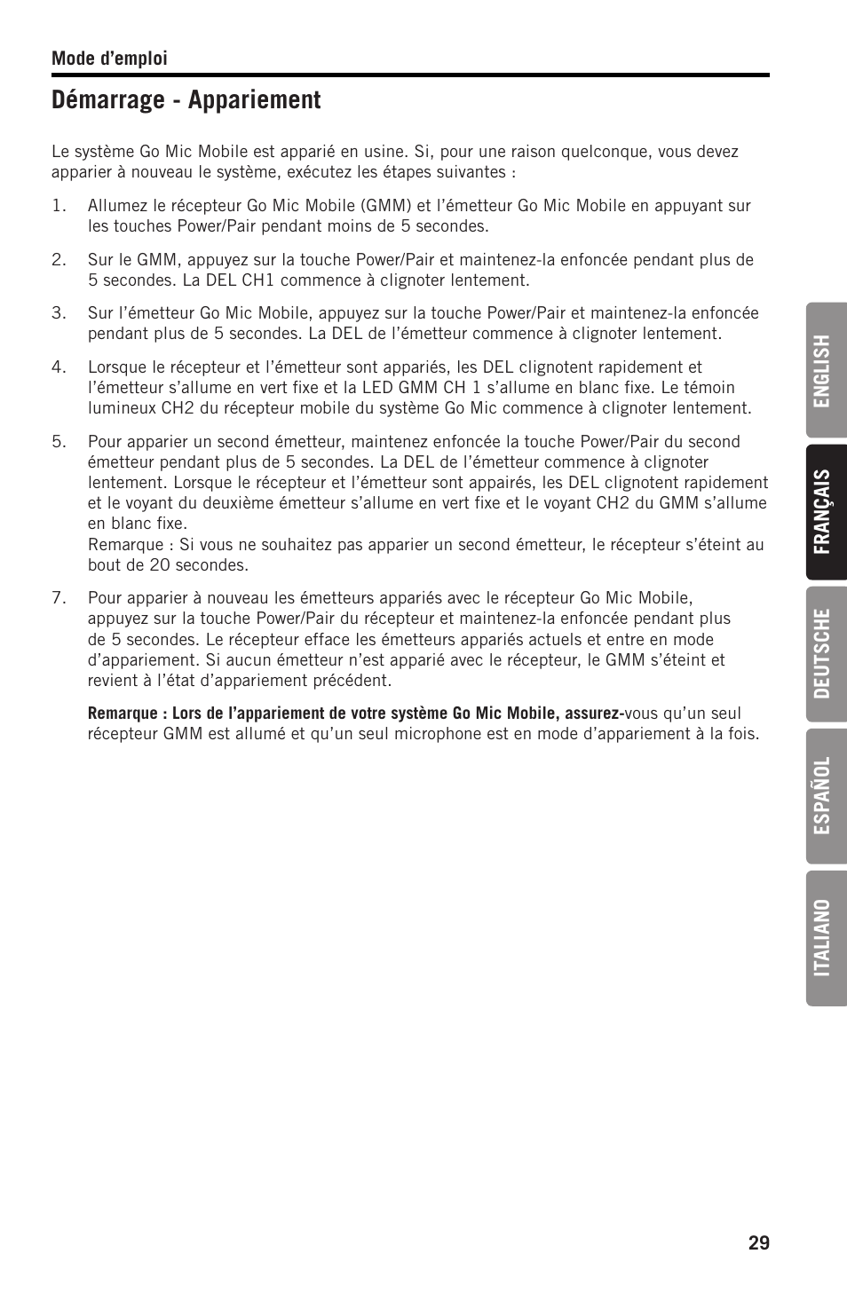 Démarrage - appariement | Samson SWGMMR Go Mic Dual-Channel Receiver User Manual | Page 29 / 92