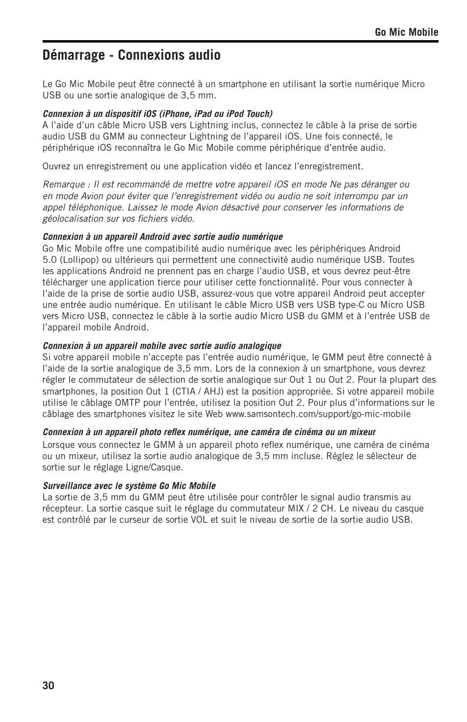 Démarrage - connexions audio | Samson SWGMMR Go Mic Dual-Channel Receiver User Manual | Page 30 / 92