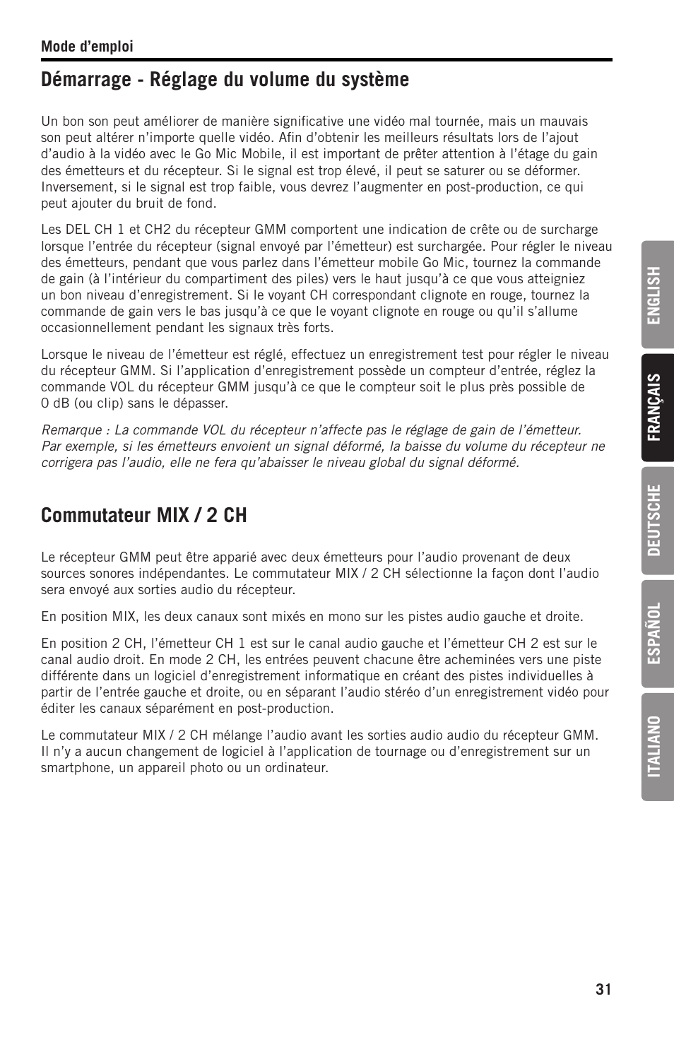 Démarrage - réglage du volume du système, Commutateur mix / 2 ch | Samson SWGMMR Go Mic Dual-Channel Receiver User Manual | Page 31 / 92