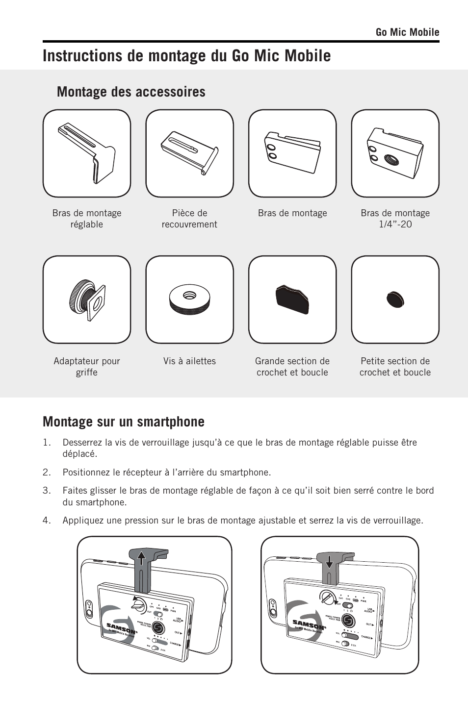 Instructions de montage du go mic mobile, Montage des accessoires, Montage sur un smartphone | Samson SWGMMR Go Mic Dual-Channel Receiver User Manual | Page 32 / 92