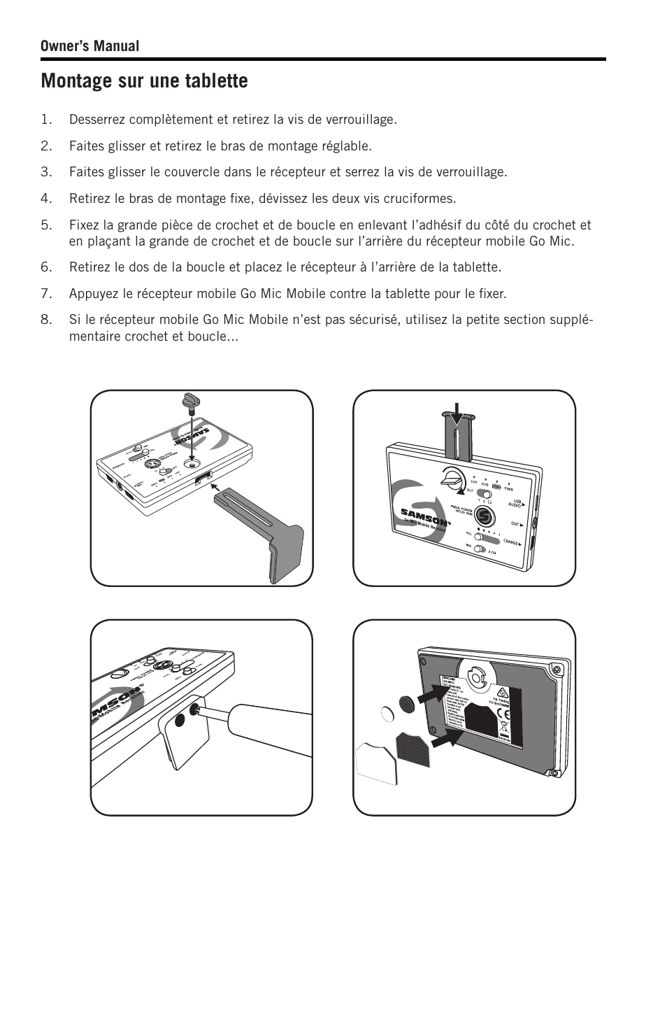 Montage sur une tablette | Samson SWGMMR Go Mic Dual-Channel Receiver User Manual | Page 33 / 92