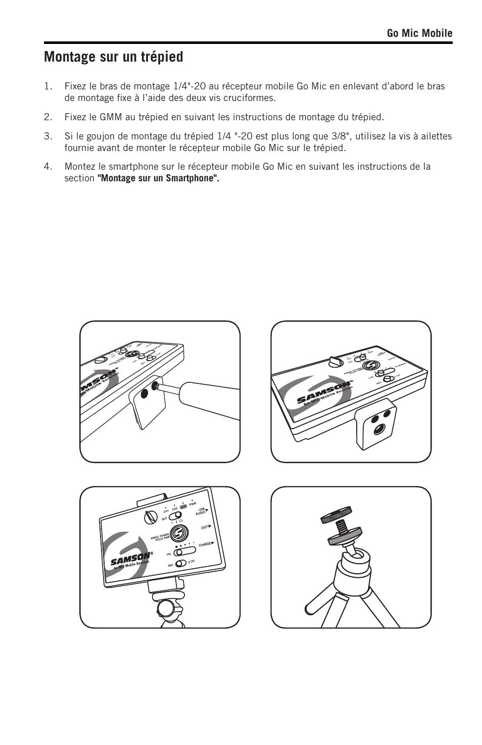 Montage sur un trépied | Samson SWGMMR Go Mic Dual-Channel Receiver User Manual | Page 34 / 92