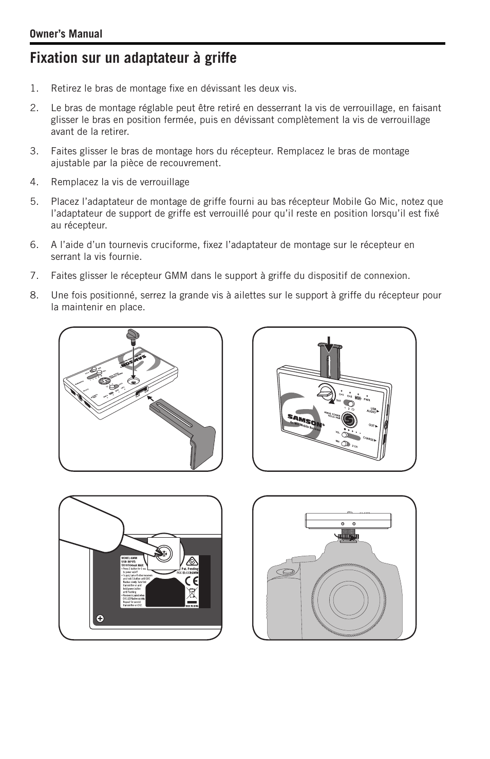 Fixation sur un adaptateur à griffe | Samson SWGMMR Go Mic Dual-Channel Receiver User Manual | Page 35 / 92