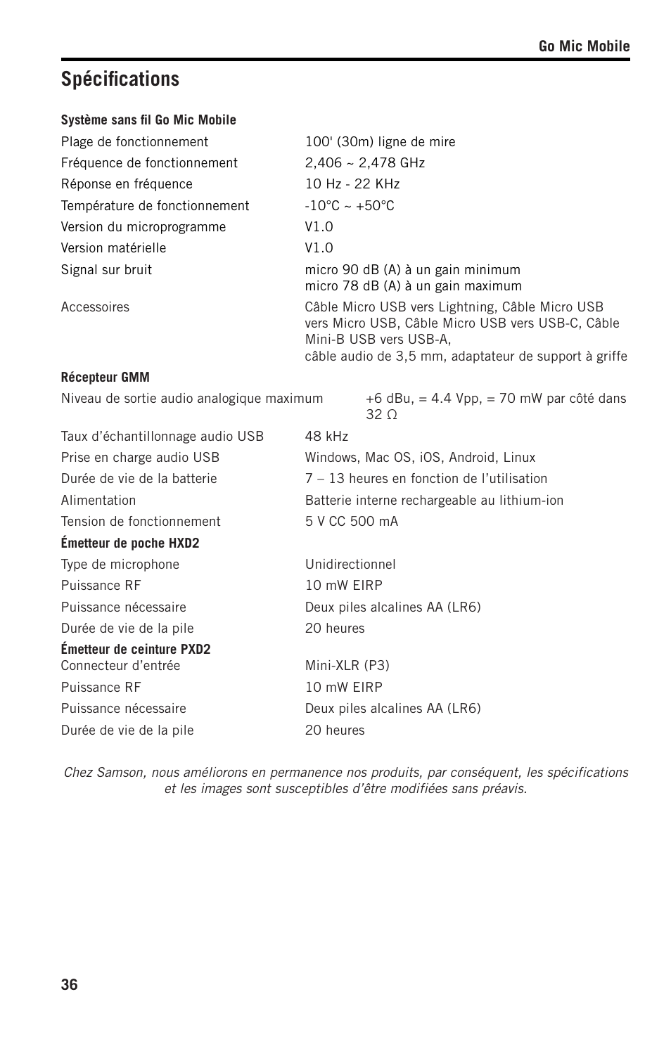 Spécifications | Samson SWGMMR Go Mic Dual-Channel Receiver User Manual | Page 36 / 92