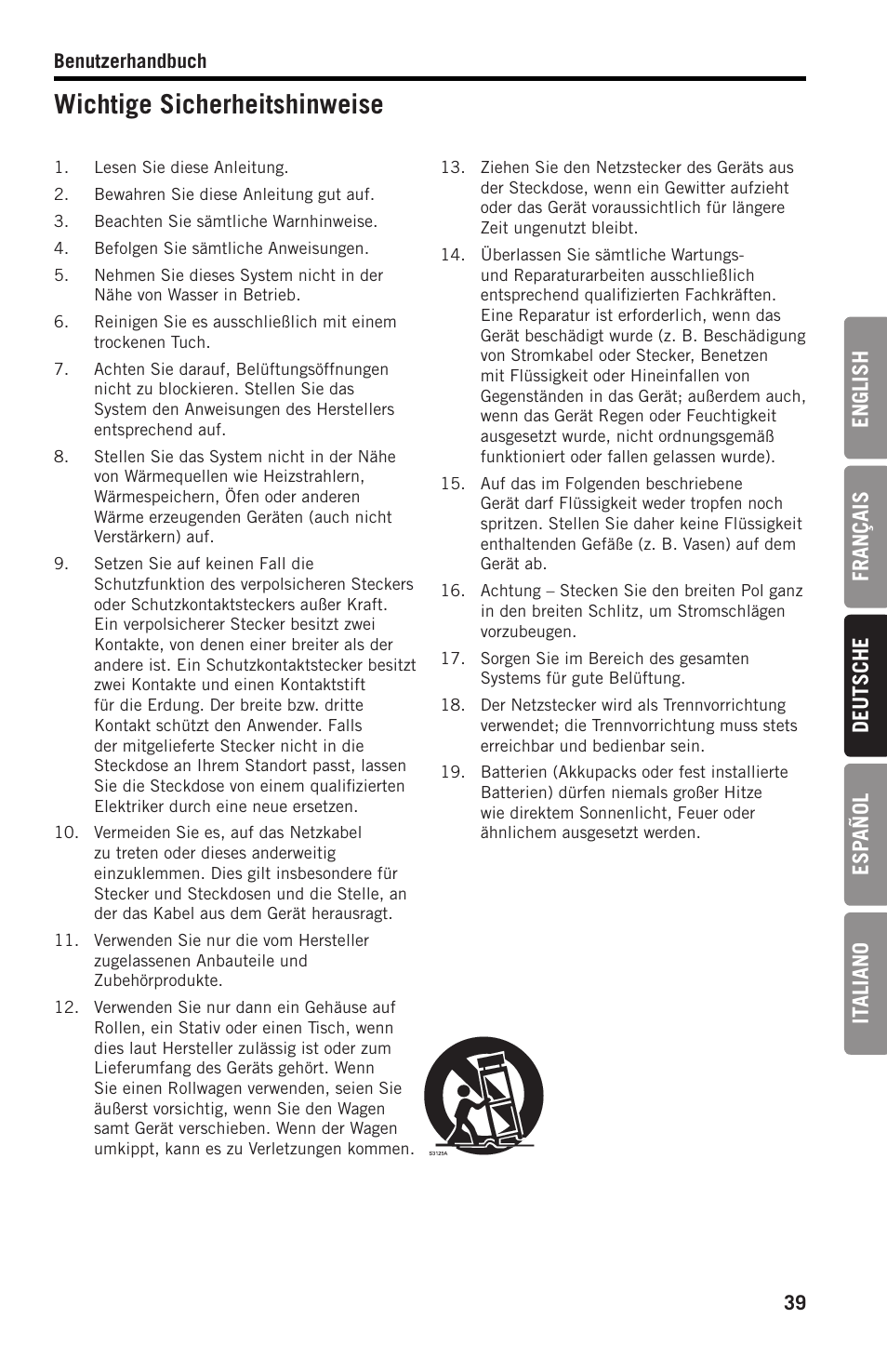 Wichtige sicherheitshinweise, English français deutsche esp añol it aliano | Samson SWGMMR Go Mic Dual-Channel Receiver User Manual | Page 39 / 92