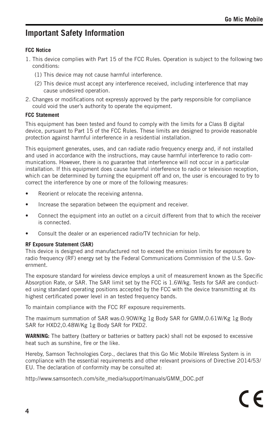 Important safety information | Samson SWGMMR Go Mic Dual-Channel Receiver User Manual | Page 4 / 92