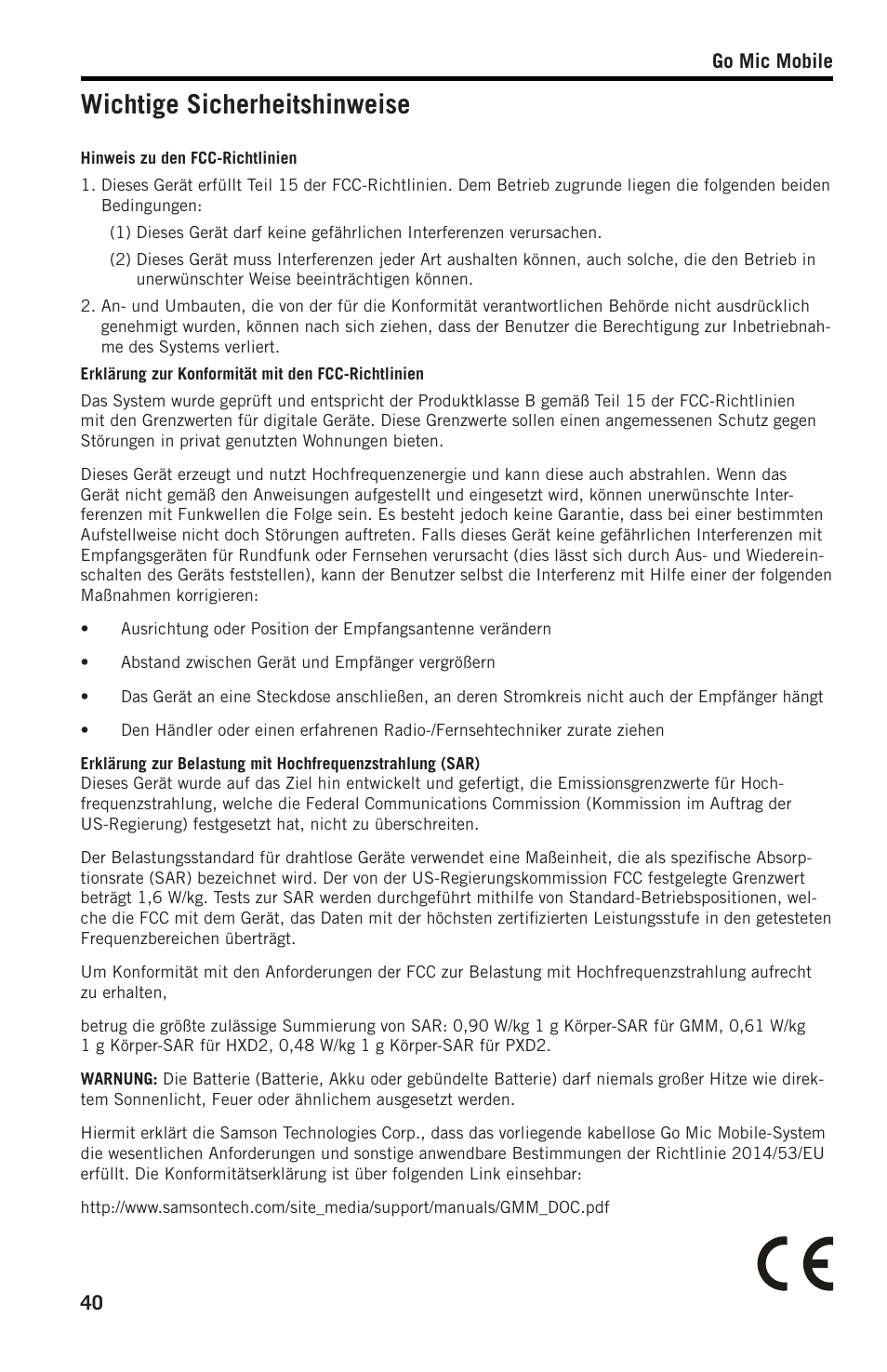 Wichtige sicherheitshinweise | Samson SWGMMR Go Mic Dual-Channel Receiver User Manual | Page 40 / 92