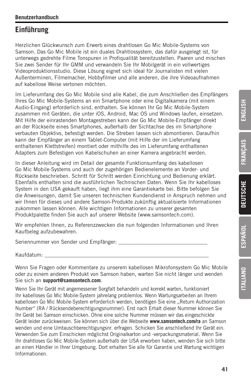 Einführung | Samson SWGMMR Go Mic Dual-Channel Receiver User Manual | Page 41 / 92