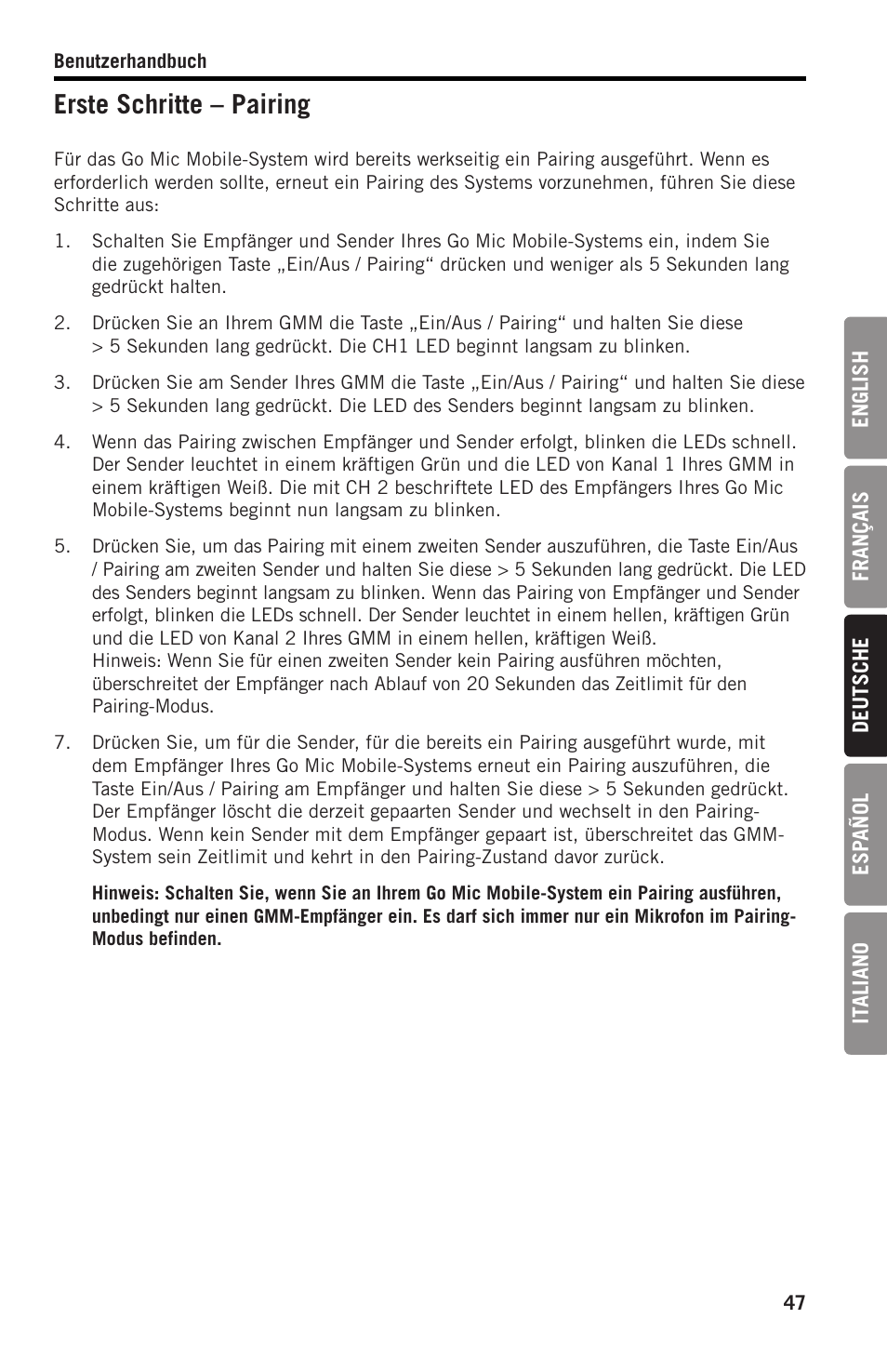 Erste schritte – pairing | Samson SWGMMR Go Mic Dual-Channel Receiver User Manual | Page 47 / 92