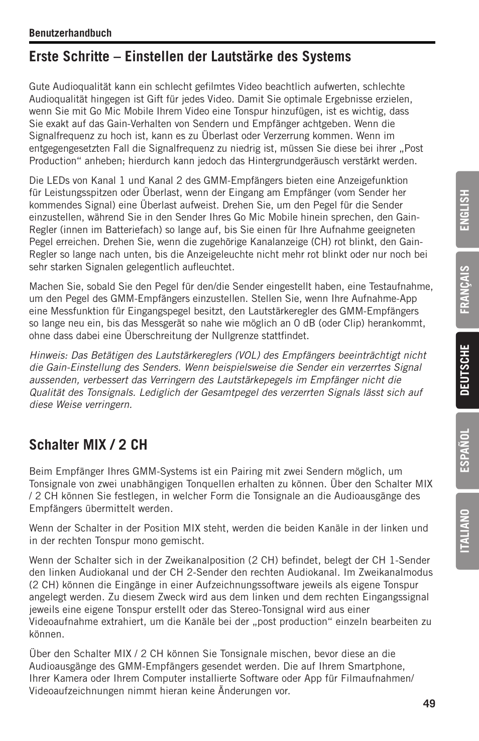 Schalter mix / 2 ch | Samson SWGMMR Go Mic Dual-Channel Receiver User Manual | Page 49 / 92