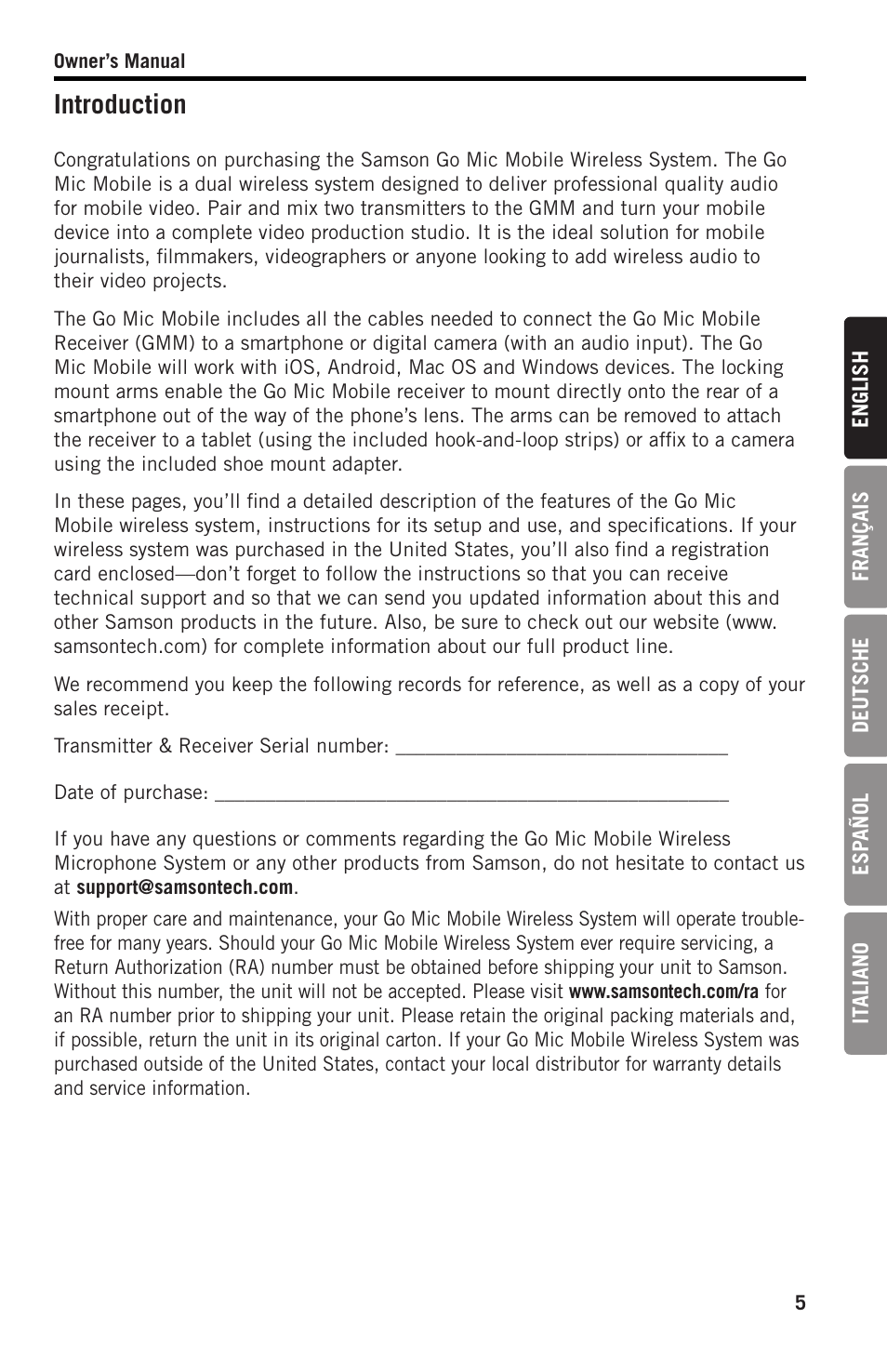 Introduction | Samson SWGMMR Go Mic Dual-Channel Receiver User Manual | Page 5 / 92