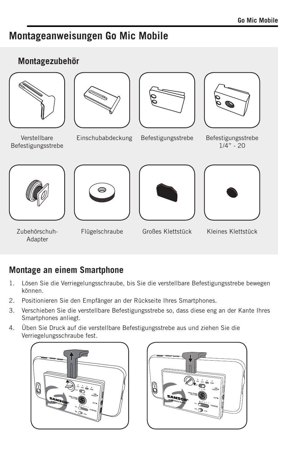 Montageanweisungen go mic mobile, Montagezubehör, Montage an einem smartphone | Samson SWGMMR Go Mic Dual-Channel Receiver User Manual | Page 50 / 92