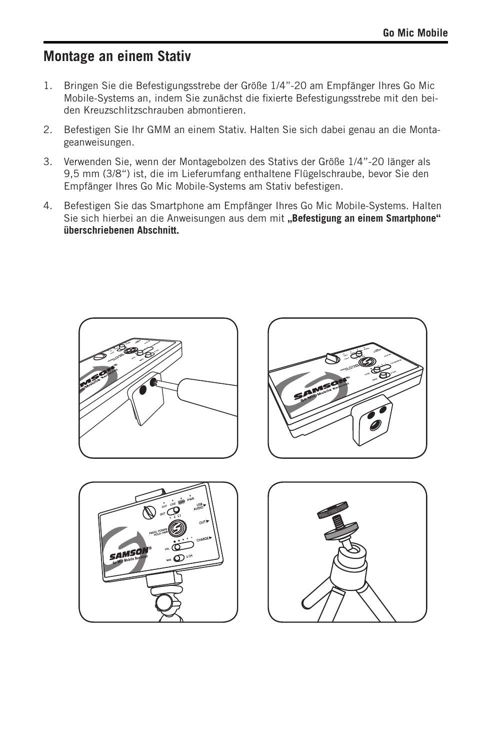 Montage an einem stativ | Samson SWGMMR Go Mic Dual-Channel Receiver User Manual | Page 52 / 92