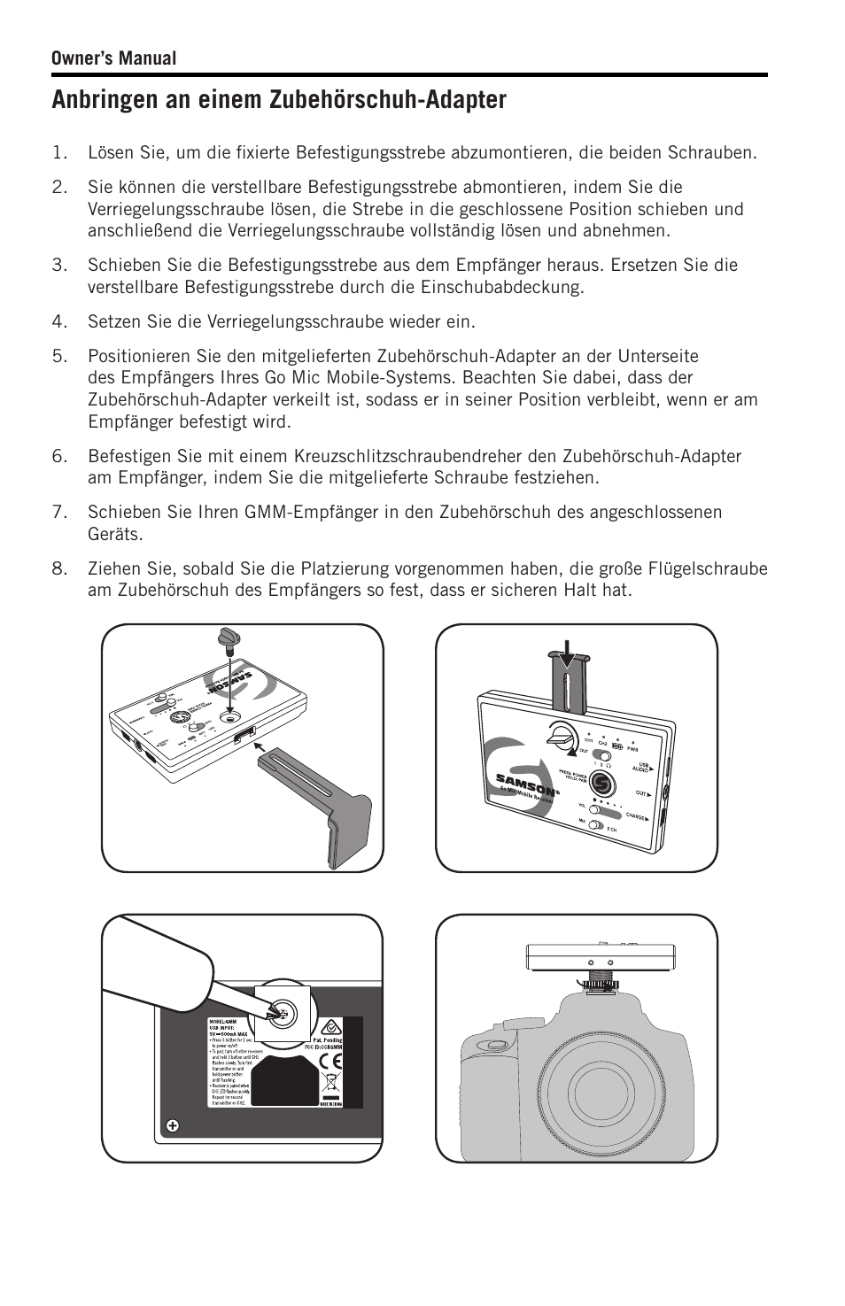 Anbringen an einem zubehörschuh-adapter | Samson SWGMMR Go Mic Dual-Channel Receiver User Manual | Page 53 / 92