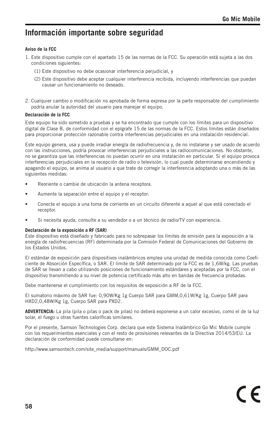 Información importante sobre seguridad, Go mic mobile 58 | Samson SWGMMR Go Mic Dual-Channel Receiver User Manual | Page 58 / 92