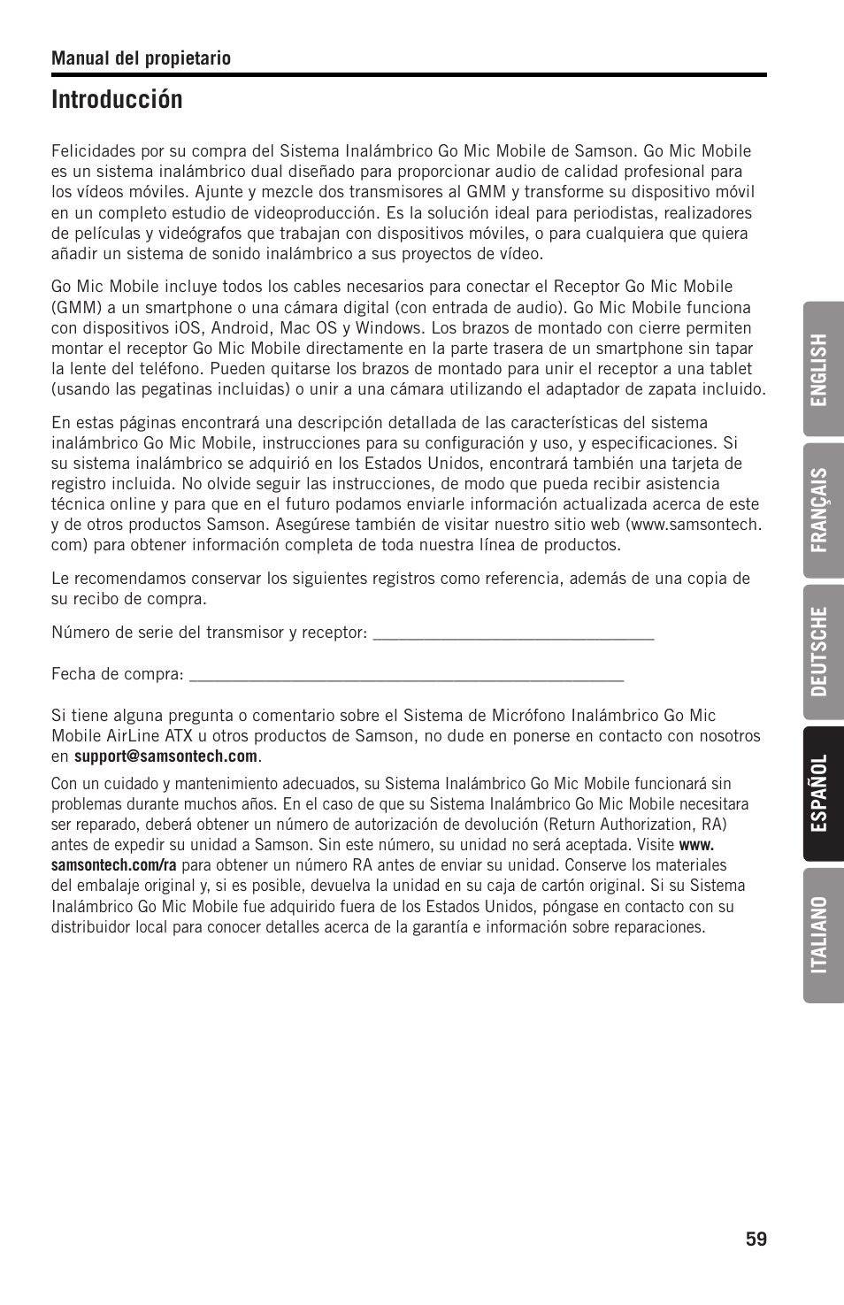 Introducción | Samson SWGMMR Go Mic Dual-Channel Receiver User Manual | Page 59 / 92