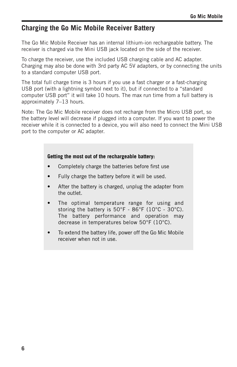 Charging the go mic mobile receiver battery | Samson SWGMMR Go Mic Dual-Channel Receiver User Manual | Page 6 / 92