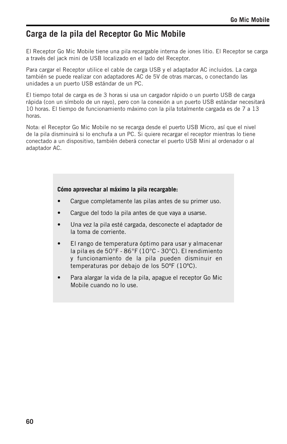 Carga de la pila del receptor go mic mobile | Samson SWGMMR Go Mic Dual-Channel Receiver User Manual | Page 60 / 92