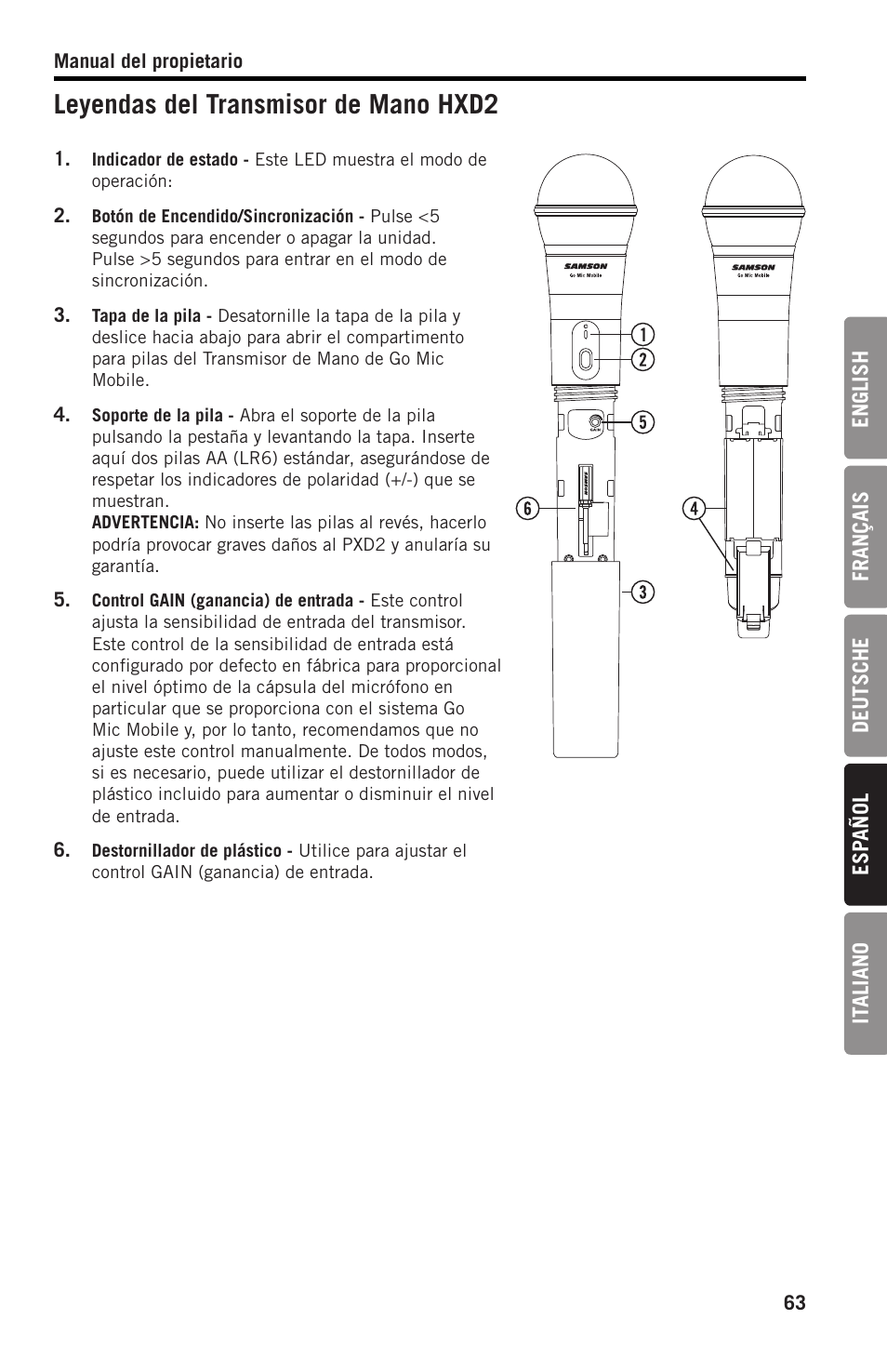 Leyendas del transmisor de mano hxd2 | Samson SWGMMR Go Mic Dual-Channel Receiver User Manual | Page 63 / 92