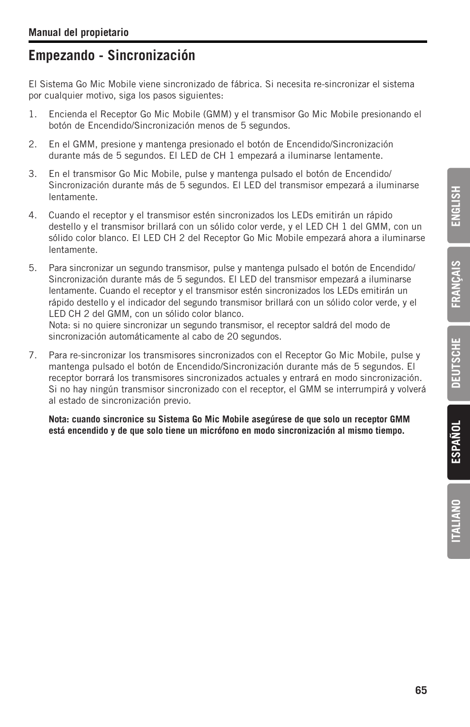 Empezando - sincronización | Samson SWGMMR Go Mic Dual-Channel Receiver User Manual | Page 65 / 92