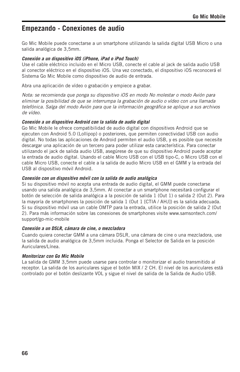 Empezando - conexiones de audio | Samson SWGMMR Go Mic Dual-Channel Receiver User Manual | Page 66 / 92