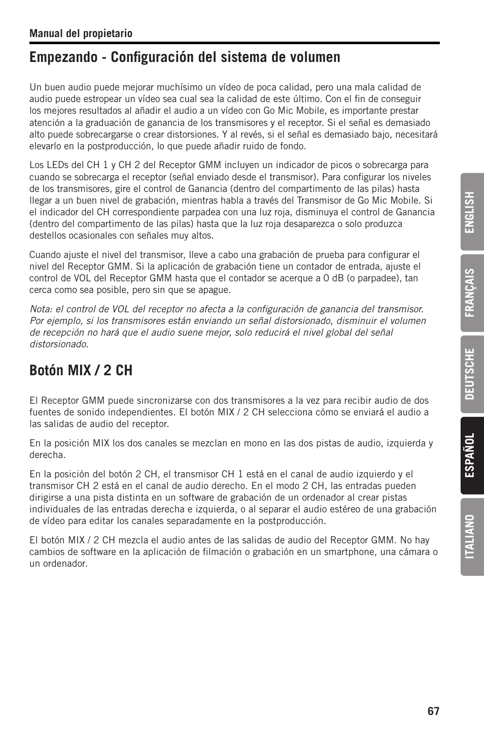 Empezando - configuración del sistema de volumen, Botón mix / 2 ch | Samson SWGMMR Go Mic Dual-Channel Receiver User Manual | Page 67 / 92