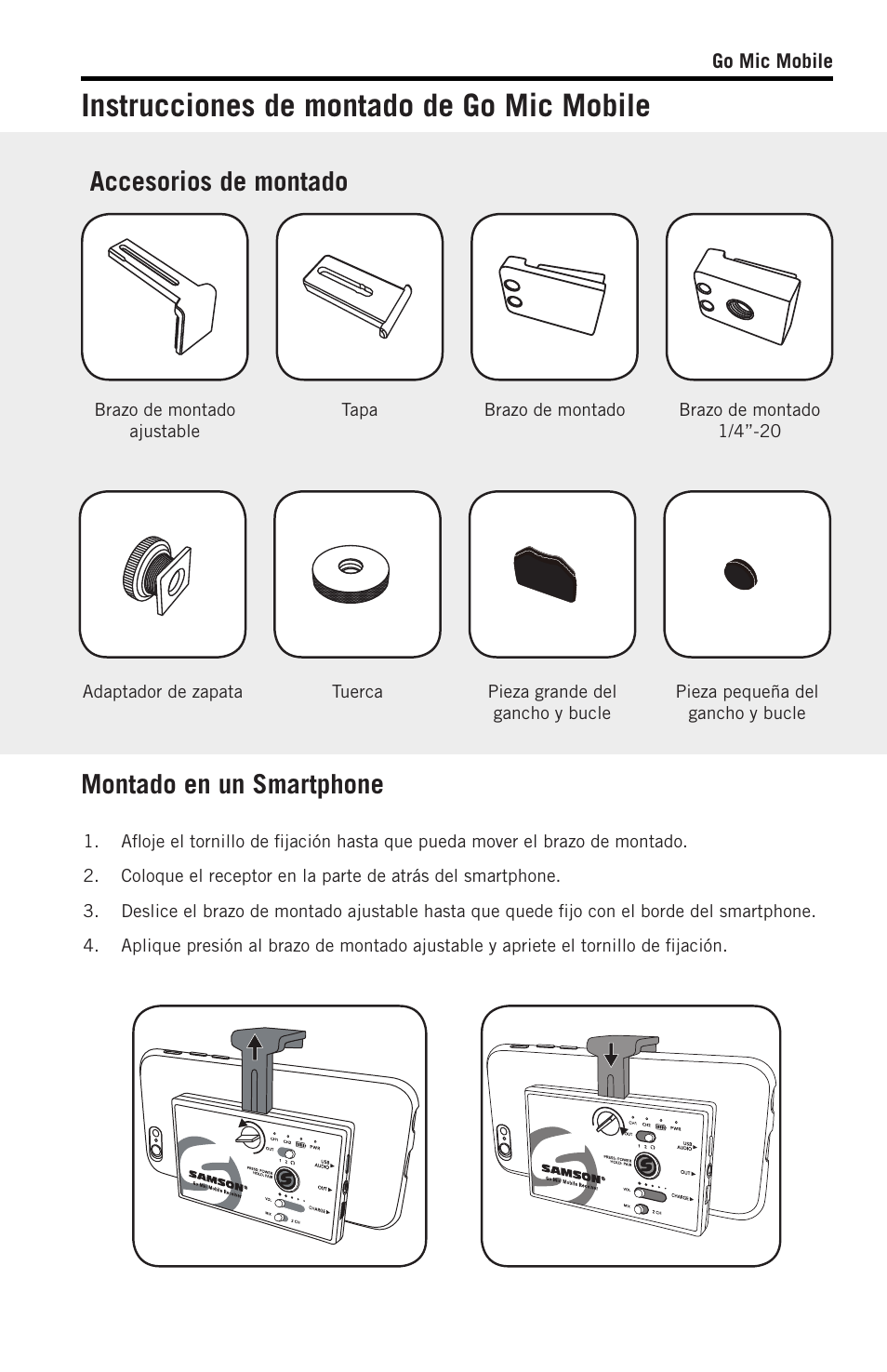 Instrucciones de montado de go mic mobile, Accesorios de montado, Montado en un smartphone | Samson SWGMMR Go Mic Dual-Channel Receiver User Manual | Page 68 / 92