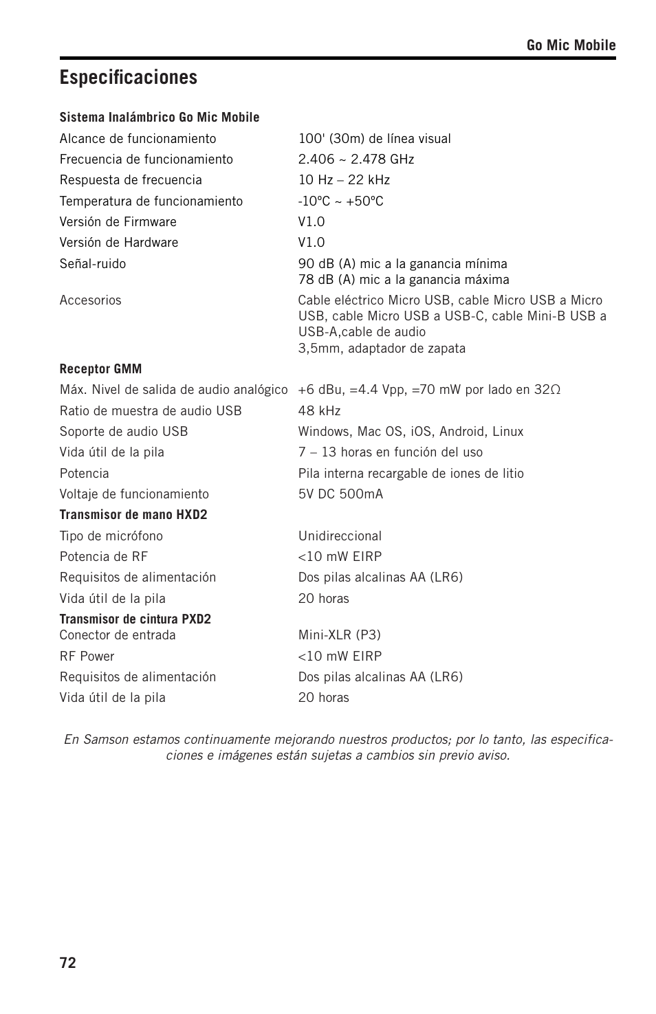 Especificaciones | Samson SWGMMR Go Mic Dual-Channel Receiver User Manual | Page 72 / 92