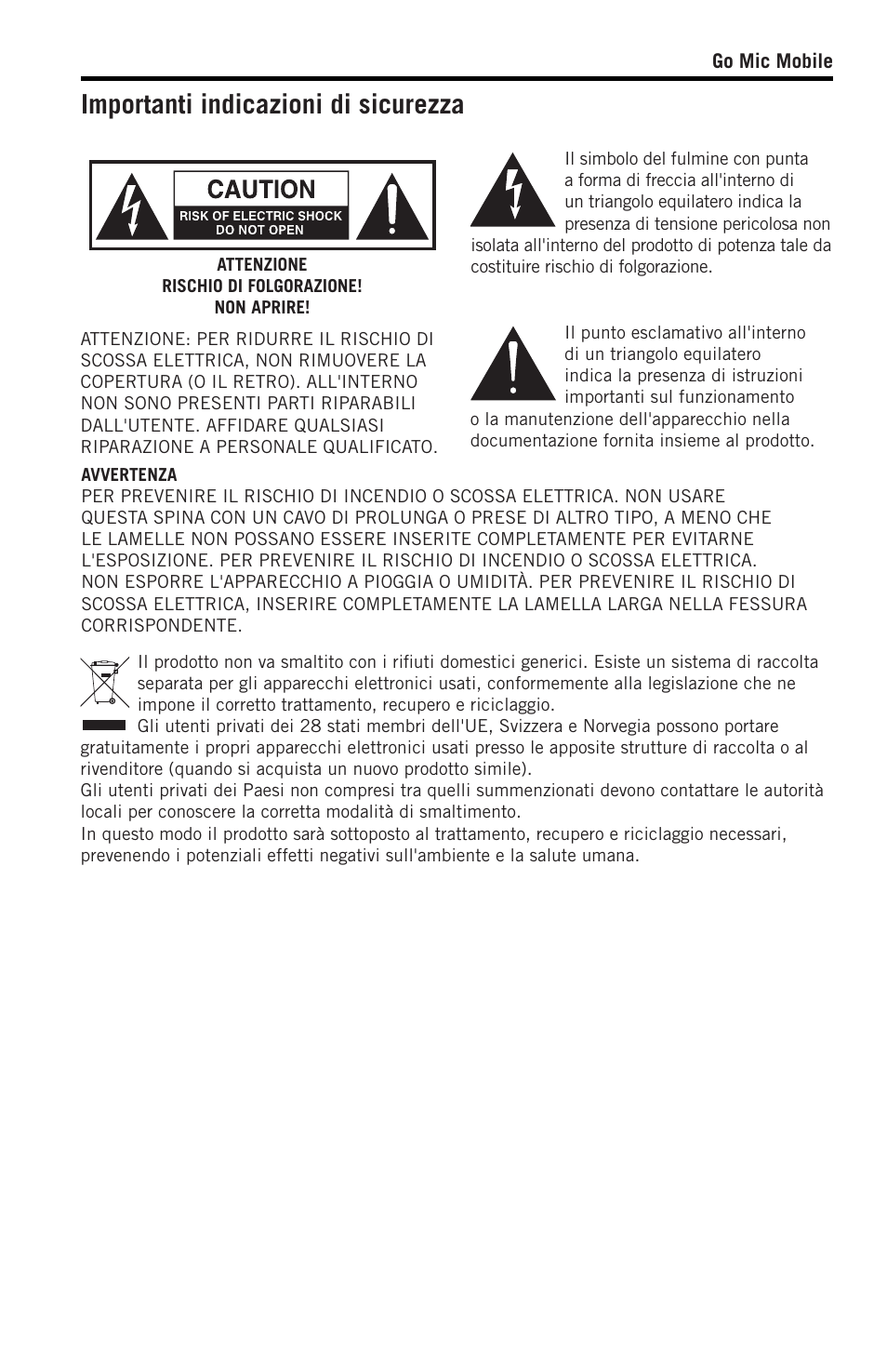 Importanti indicazioni di sicurezza | Samson SWGMMR Go Mic Dual-Channel Receiver User Manual | Page 74 / 92