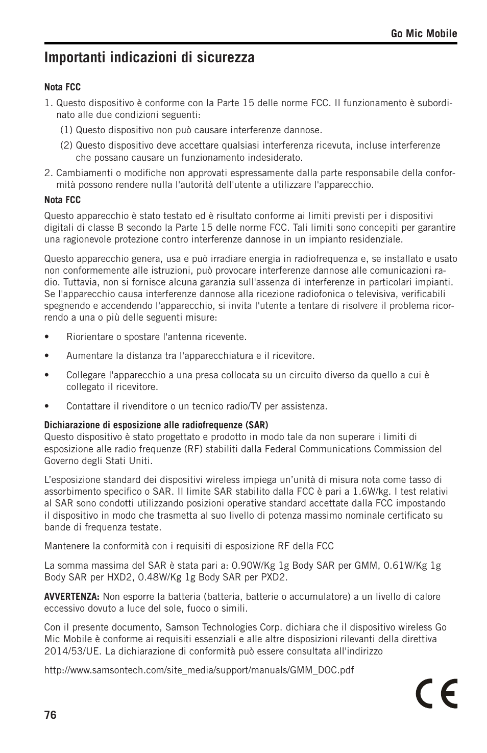 Importanti indicazioni di sicurezza | Samson SWGMMR Go Mic Dual-Channel Receiver User Manual | Page 76 / 92