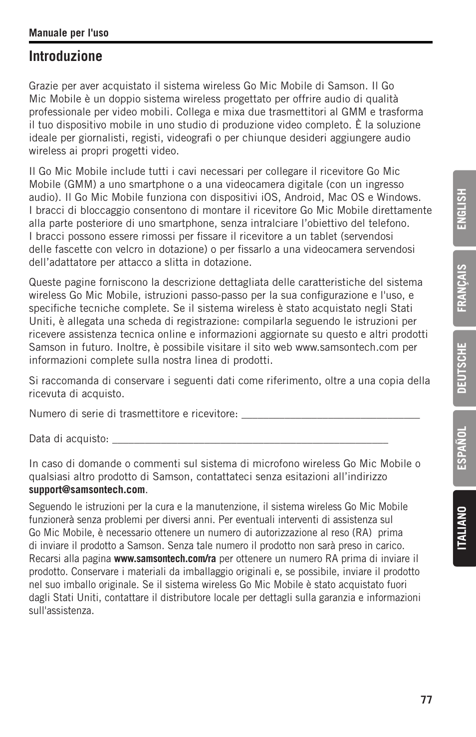 Introduzione | Samson SWGMMR Go Mic Dual-Channel Receiver User Manual | Page 77 / 92