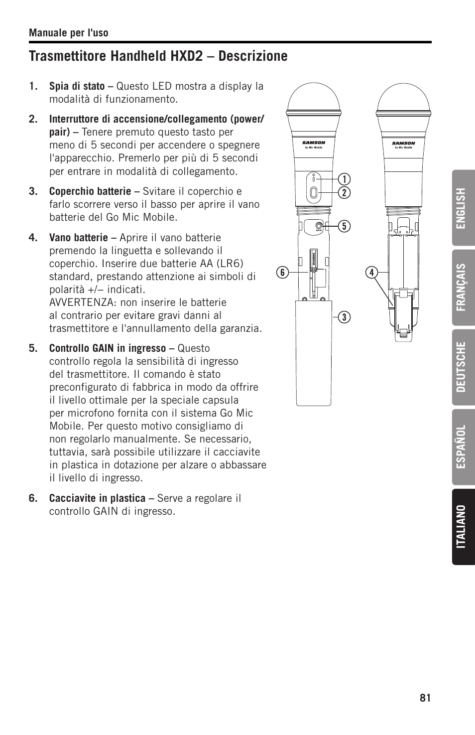 Trasmettitore handheld hxd2 – descrizione | Samson SWGMMR Go Mic Dual-Channel Receiver User Manual | Page 81 / 92