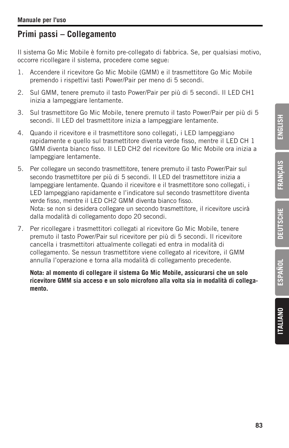 Primi passi – collegamento | Samson SWGMMR Go Mic Dual-Channel Receiver User Manual | Page 83 / 92