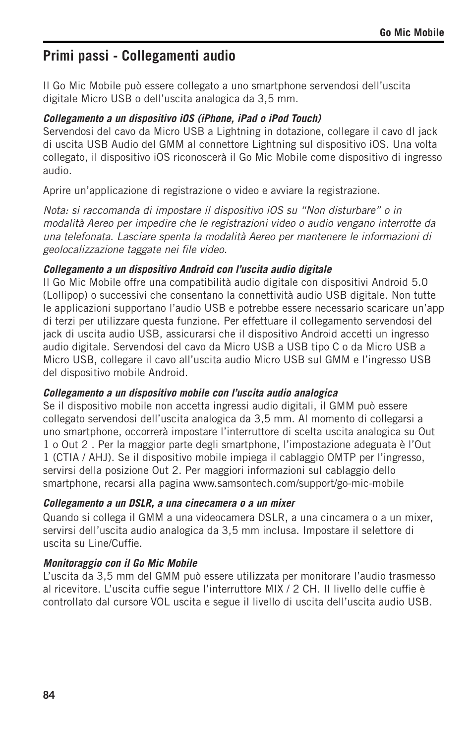 Primi passi - collegamenti audio | Samson SWGMMR Go Mic Dual-Channel Receiver User Manual | Page 84 / 92