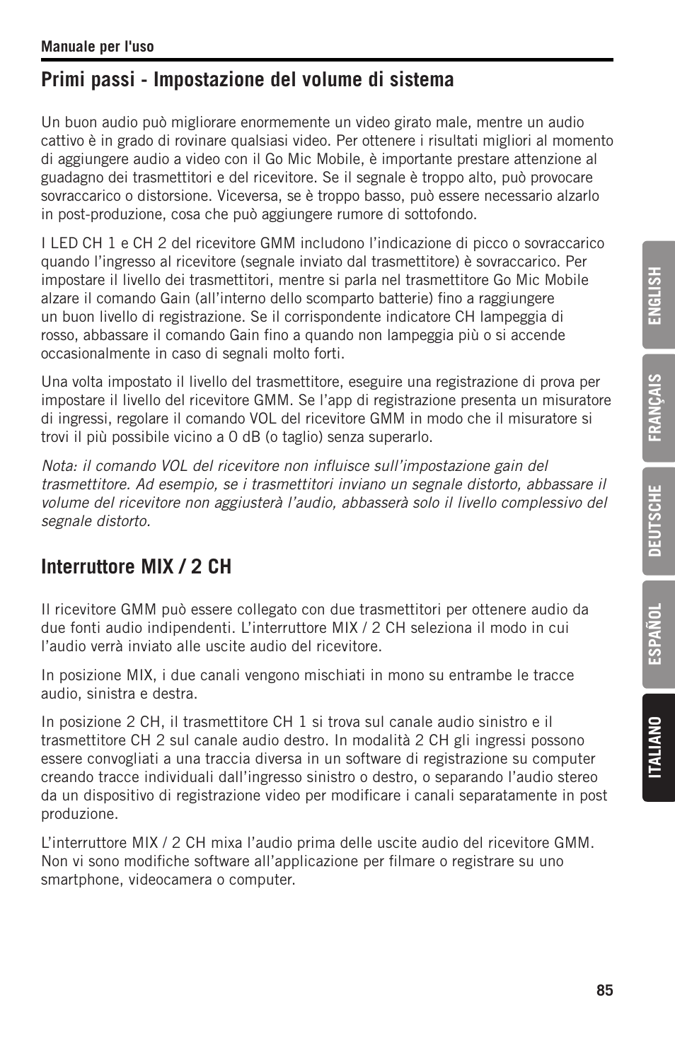 Primi passi - impostazione del volume di sistema, Interruttore mix / 2 ch | Samson SWGMMR Go Mic Dual-Channel Receiver User Manual | Page 85 / 92