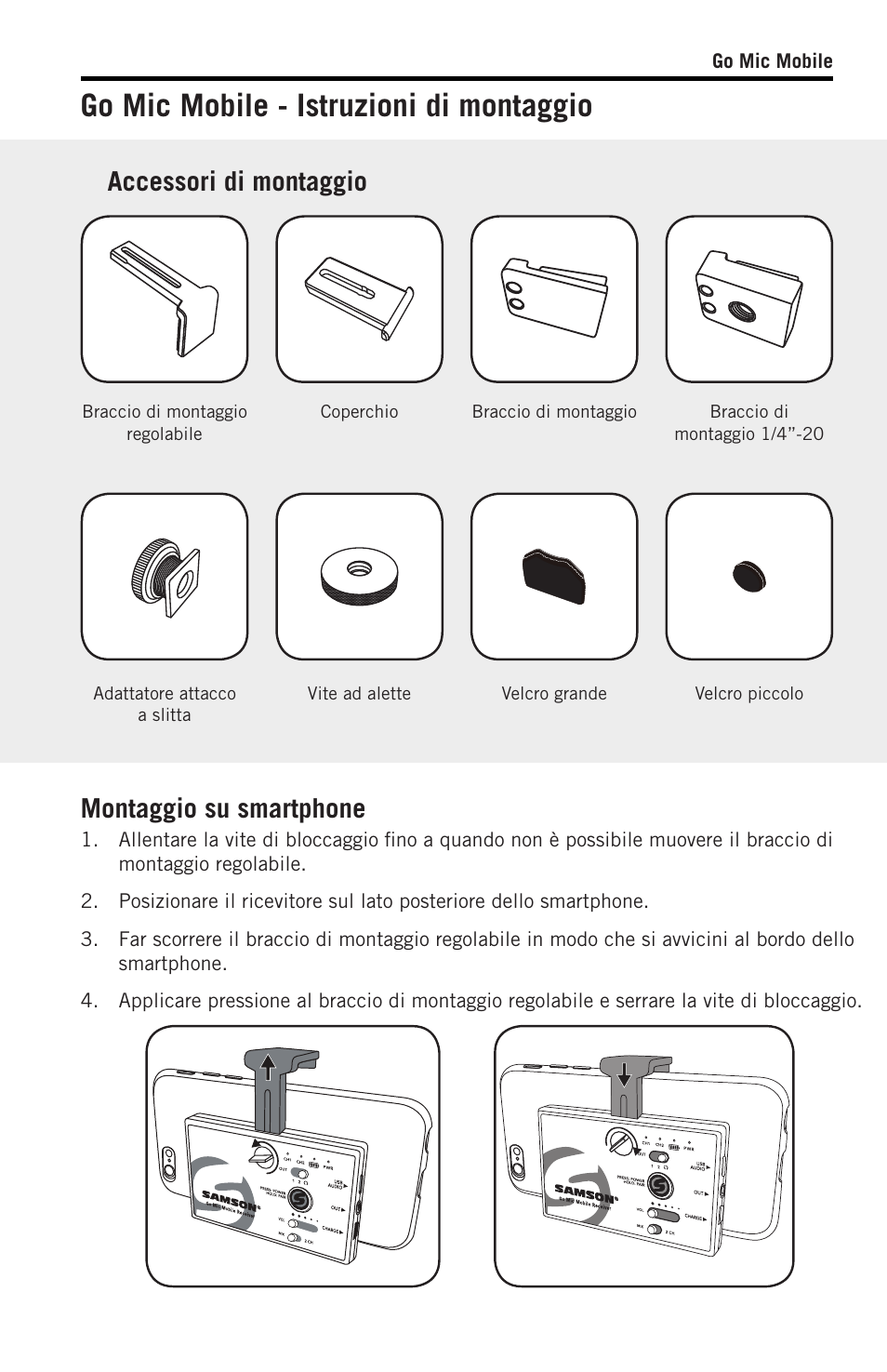 Go mic mobile - istruzioni di montaggio, Accessori di montaggio, Montaggio su smartphone | Samson SWGMMR Go Mic Dual-Channel Receiver User Manual | Page 86 / 92