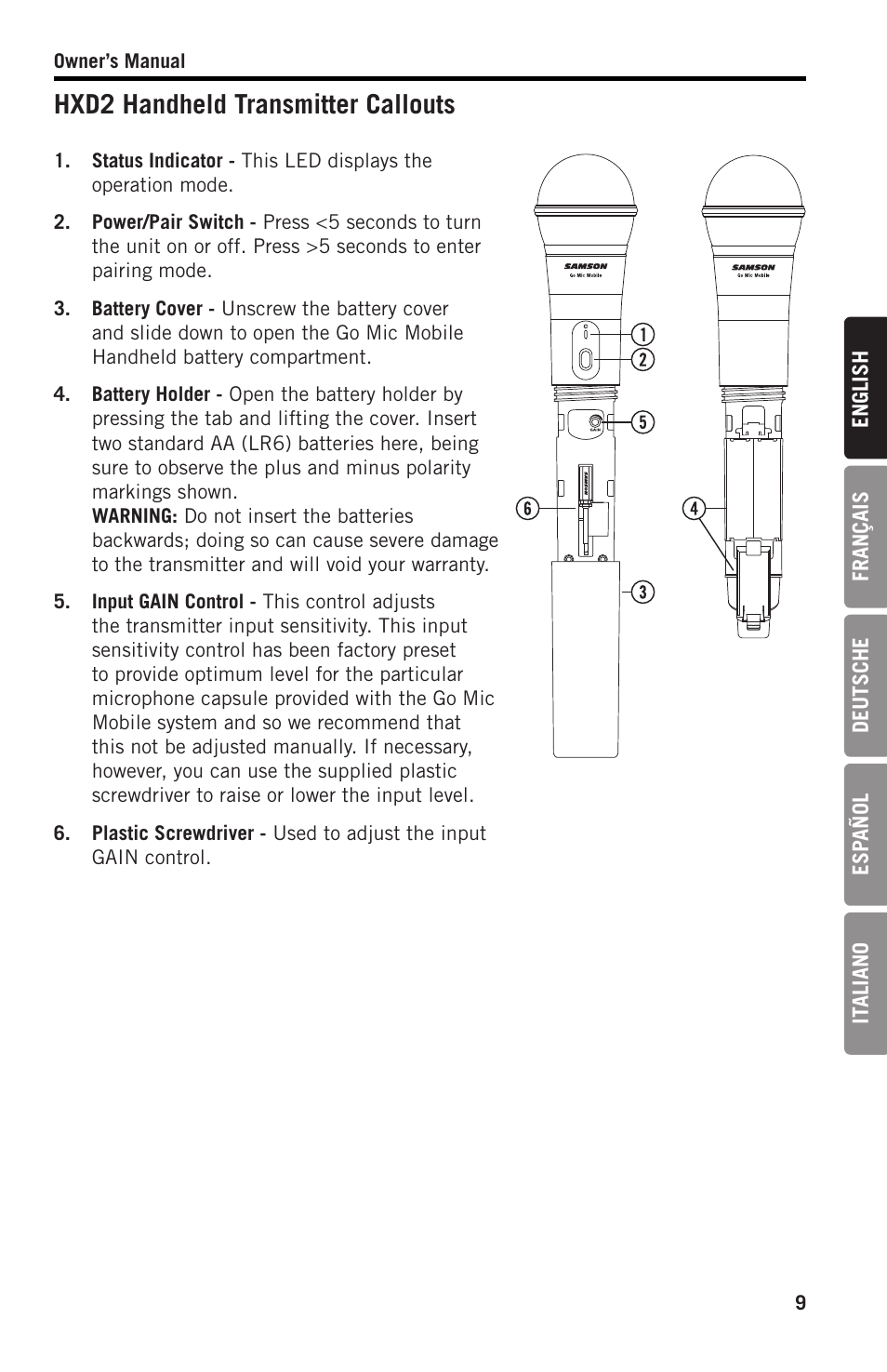 Hxd2 handheld transmitter callouts | Samson SWGMMR Go Mic Dual-Channel Receiver User Manual | Page 9 / 92